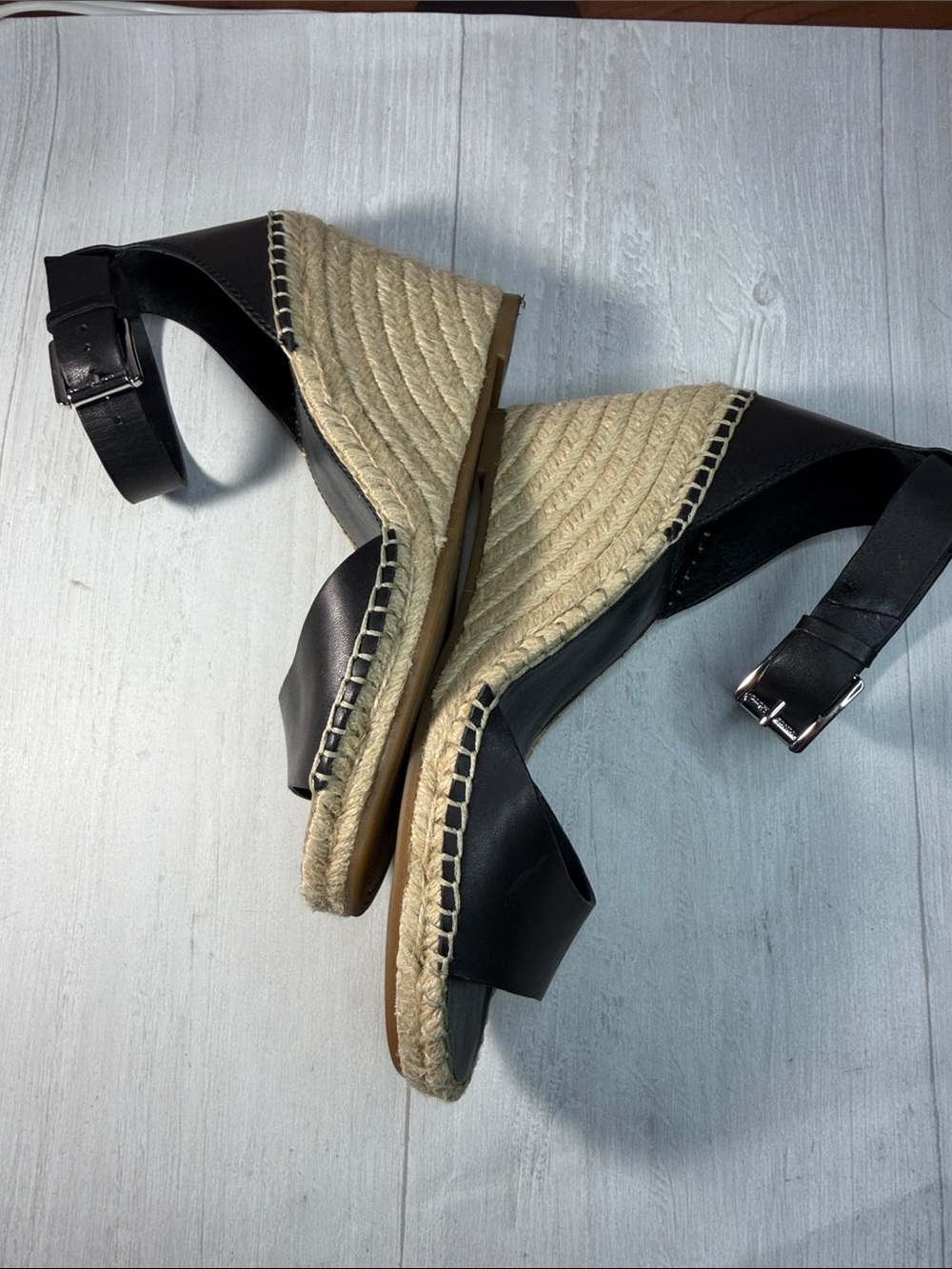 Vince Camuto Black Leather Espadrille Wedge Sandal with Ankle Strap - Picture 10 of 15